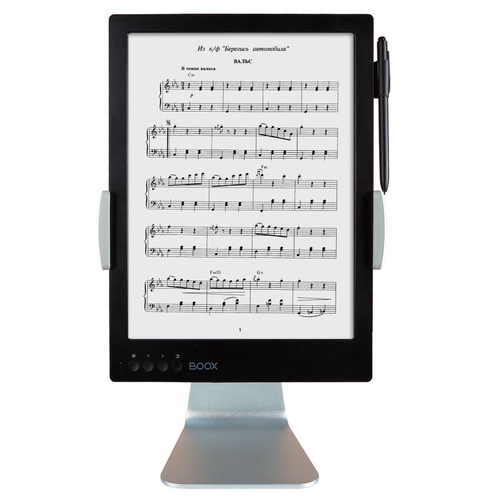 KindleShop BOOX MAX 2 opsat på en stander musik noter visning