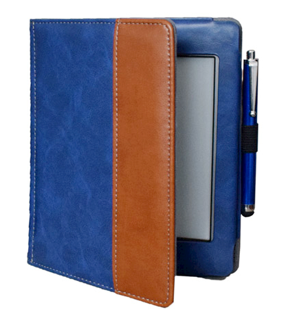 Cover - Læder fit - blå & brun - til Kindle 8 & Paperwhite fra eBookReader